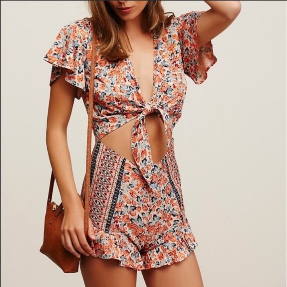 Orange and blue midriff floral romper